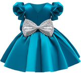 Kid Girl Princess Double Shoulder Bubble Sleeve Layer Bow Dresses
