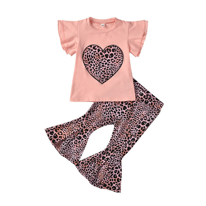 Girl Suit Love Valentine's Day Short Sleeve Leopard Print 2 Pcs Sets