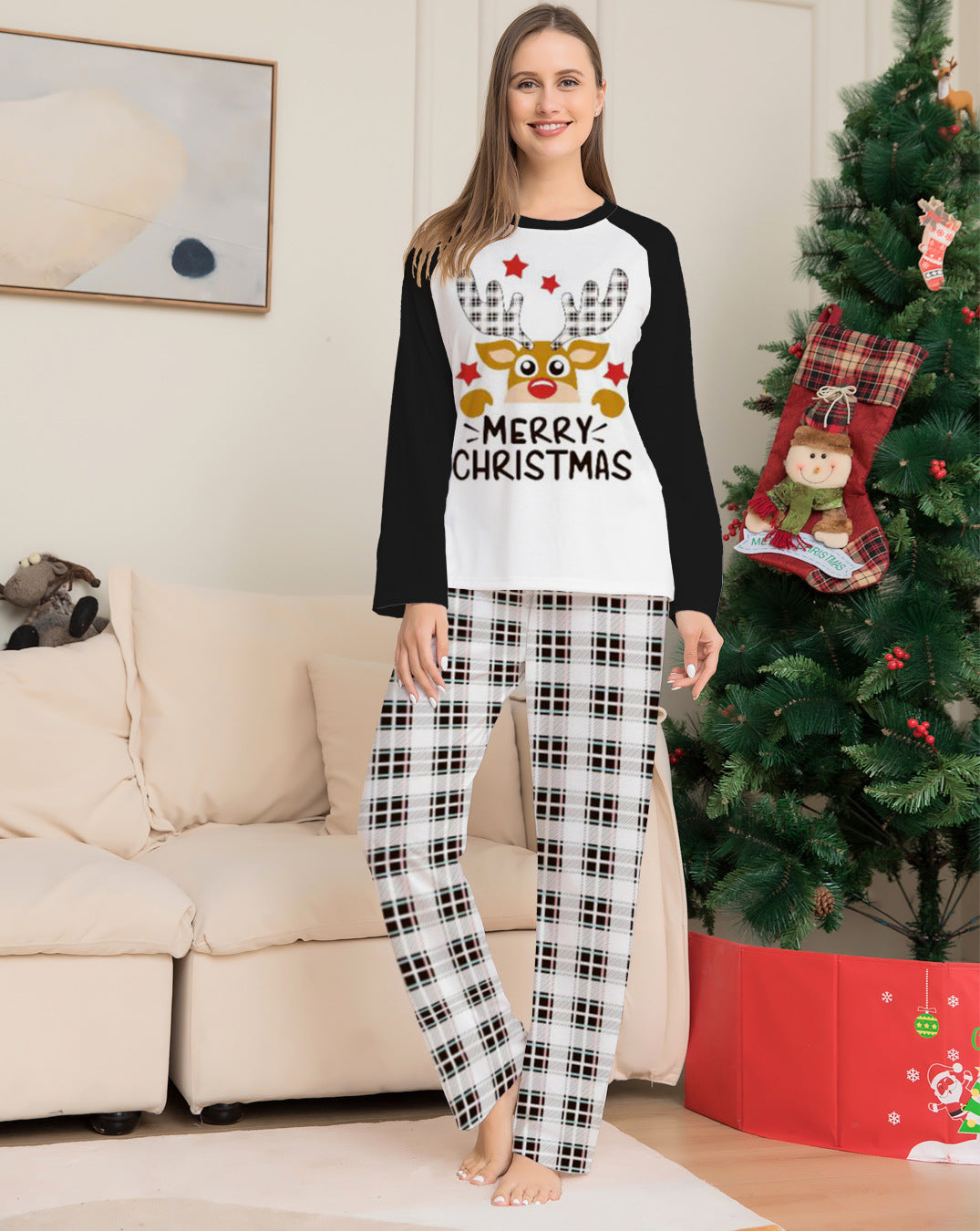 Family Matching Parent-child Fawn Alphabet Plaid Christmas Home Pajamas