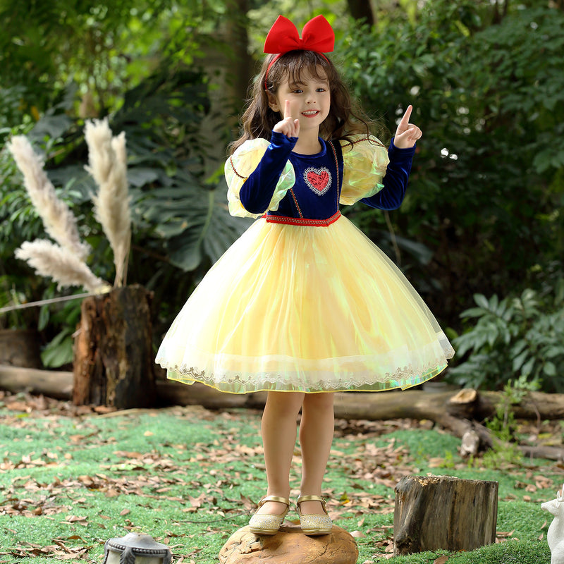 Kid Girl White Snow Princess Autumn Winter Bubble Sleeve Dresses