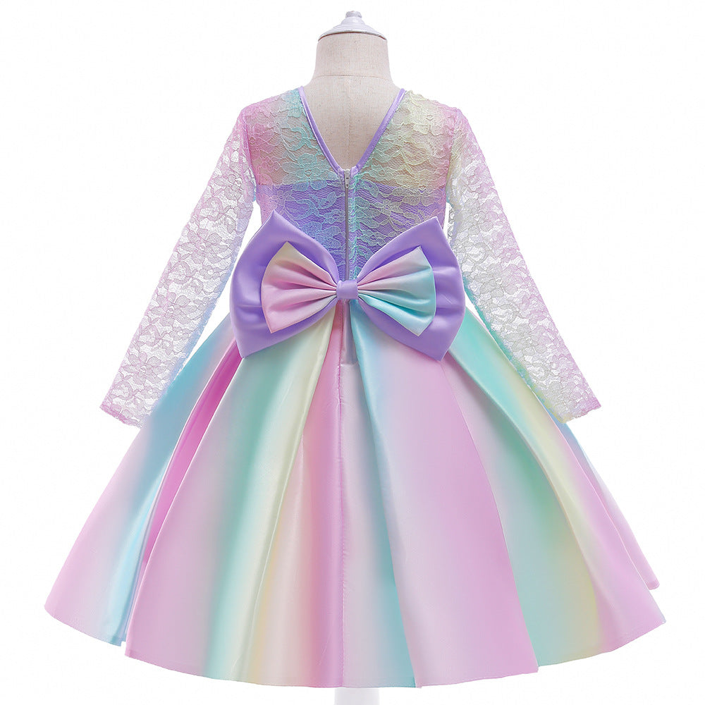 Kid Girl Christmas Gradual Long Sleeve Bow Lace Dress