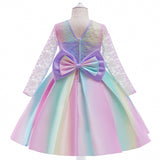 Kid Girl Christmas Gradual Long Sleeve Bow Lace Dress