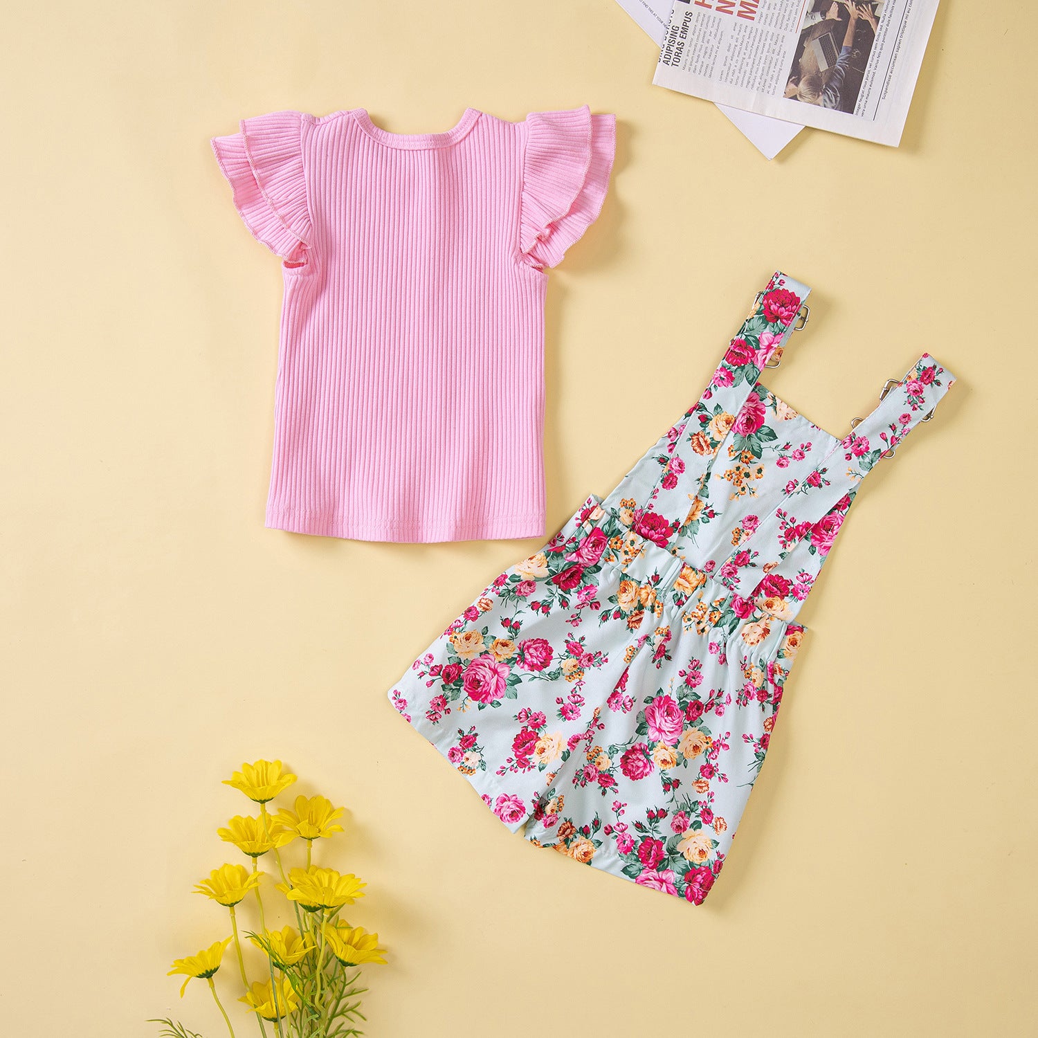 Kid Baby Girl Casual Suit Sweet Fly Sleeve Suspender Shorts 2 Pcs Sets