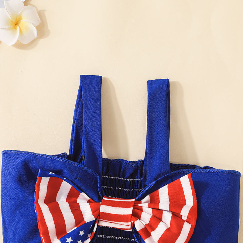 Baby Girls Striped Bow Suspender Holiday Independence Day Rompers