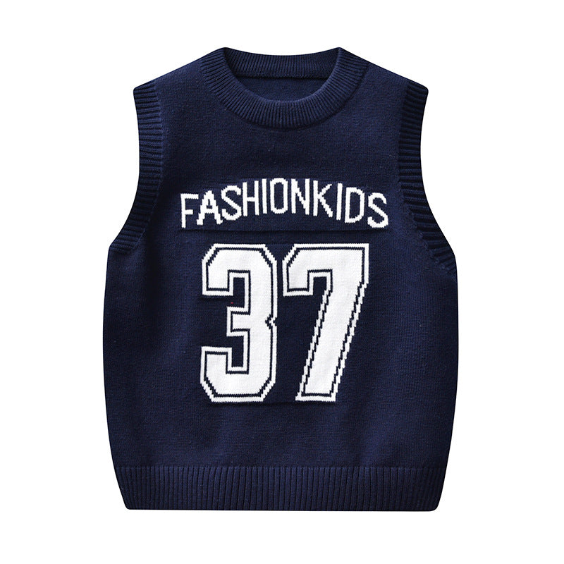 Kid Baby Boy Round Neck Jacquard Knit Waistcoat Pure Cotton Sweater Vest
