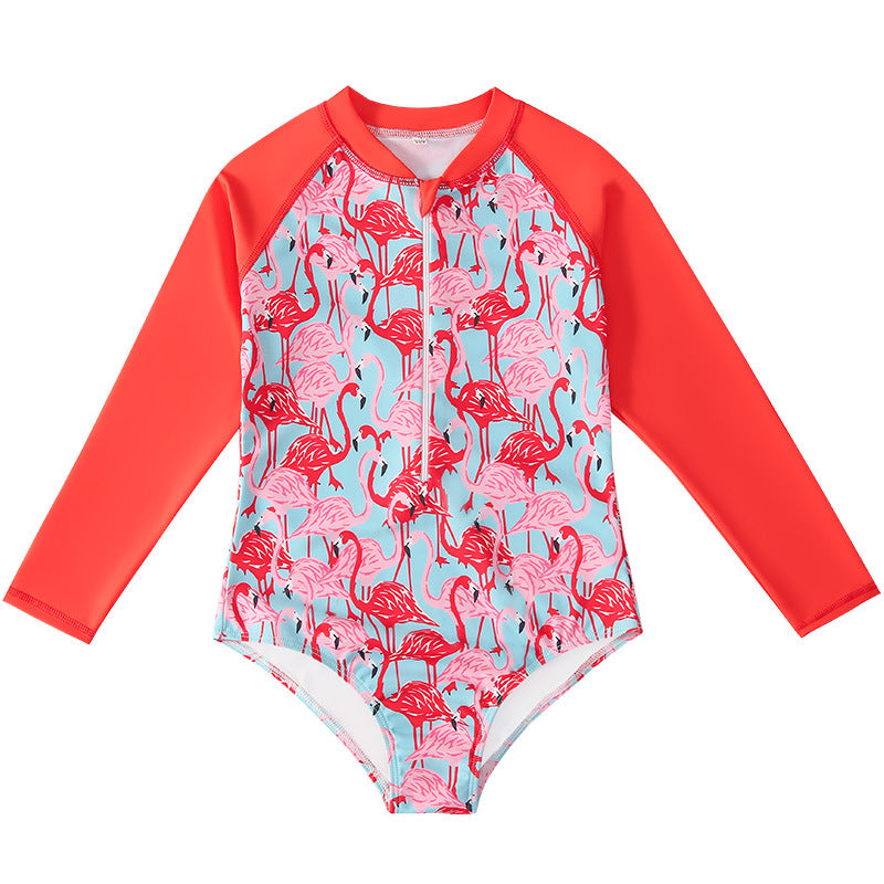 Kid Girls Middle Sunscreen Swimsuit Long-sleeved One-piece Swimwear