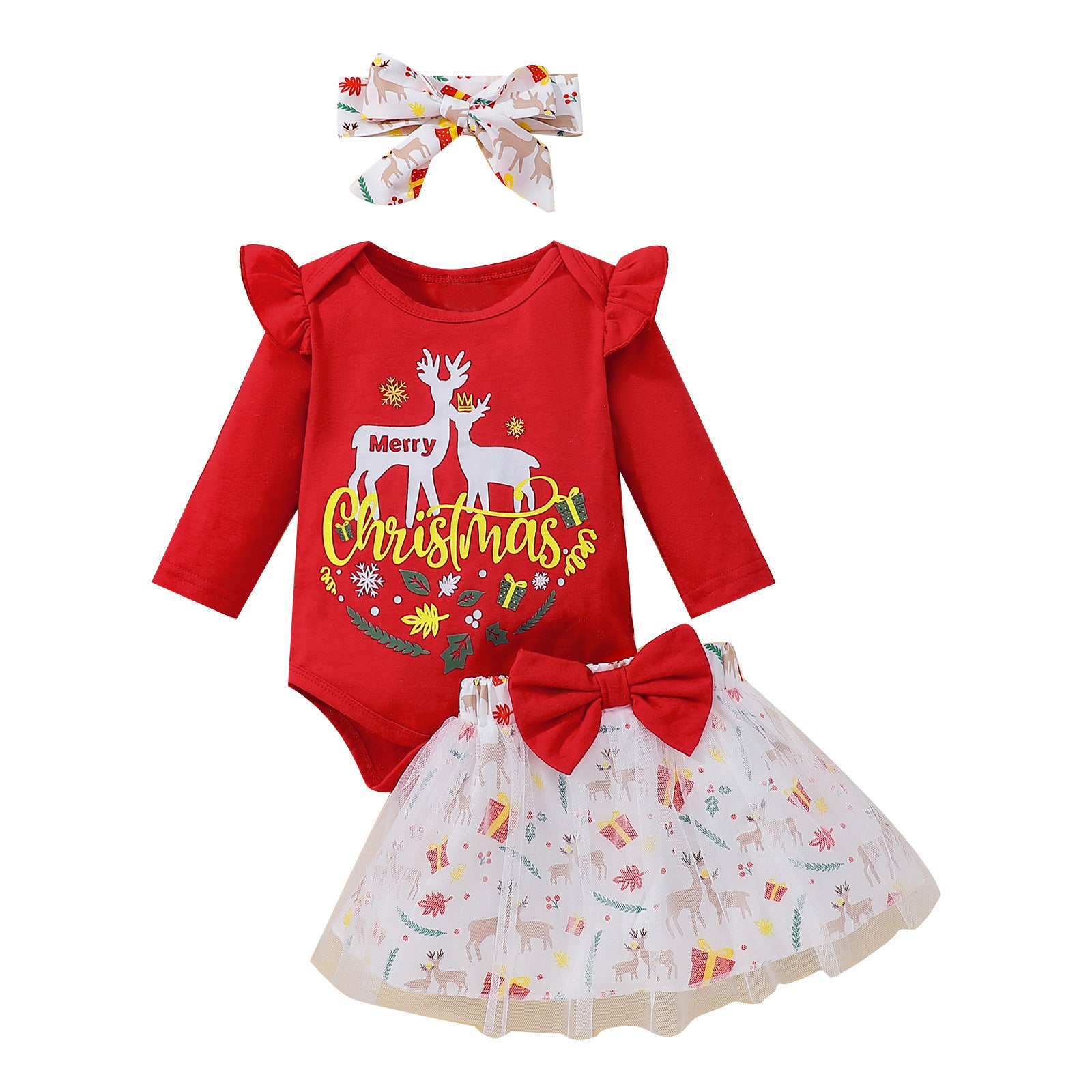 Baby Girl Christmas Elk Print Fart Bow Gauze 2 Pcs Sets