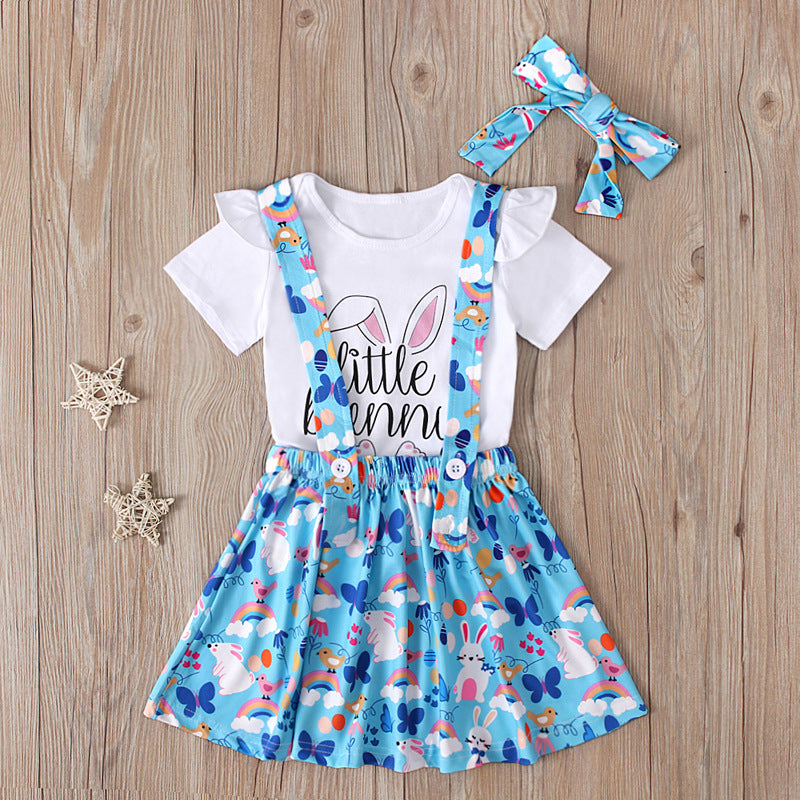 Kid Baby Girls Suit Summer Easter Letter Rabbit Print Strap 3 Pcs Set