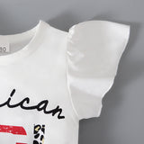 Kid Baby Girl Suit Spliced Letter Flying Sleeve Bell-bottom Independence Day 3 Pcs Sets