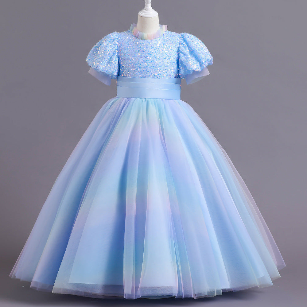 Kid Gir Princess Mesh Gauze Wedding Bubble Sleeve Piano Long Dresses