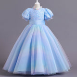 Kid Gir Princess Mesh Gauze Wedding Bubble Sleeve Piano Long Dresses