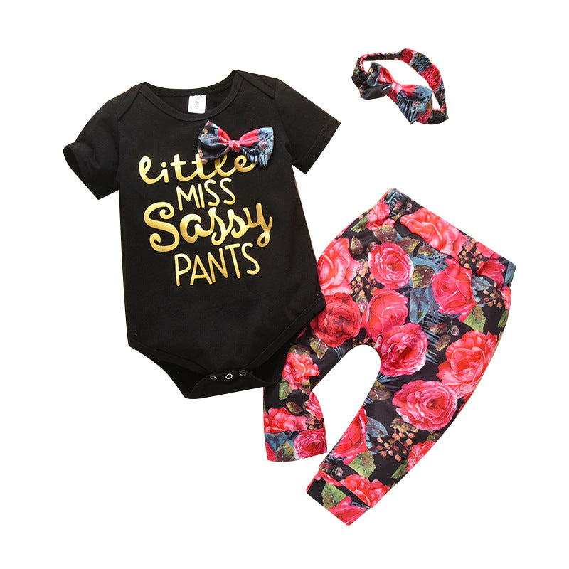 Baby Girls Short Sleeve Fashion Rose Flower 3 Pcs Set