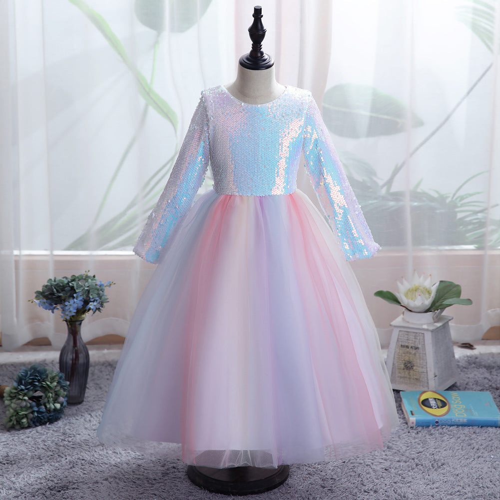 Kid Girl Sequins Puffy Long-sleeved Mesh Princess Dresses