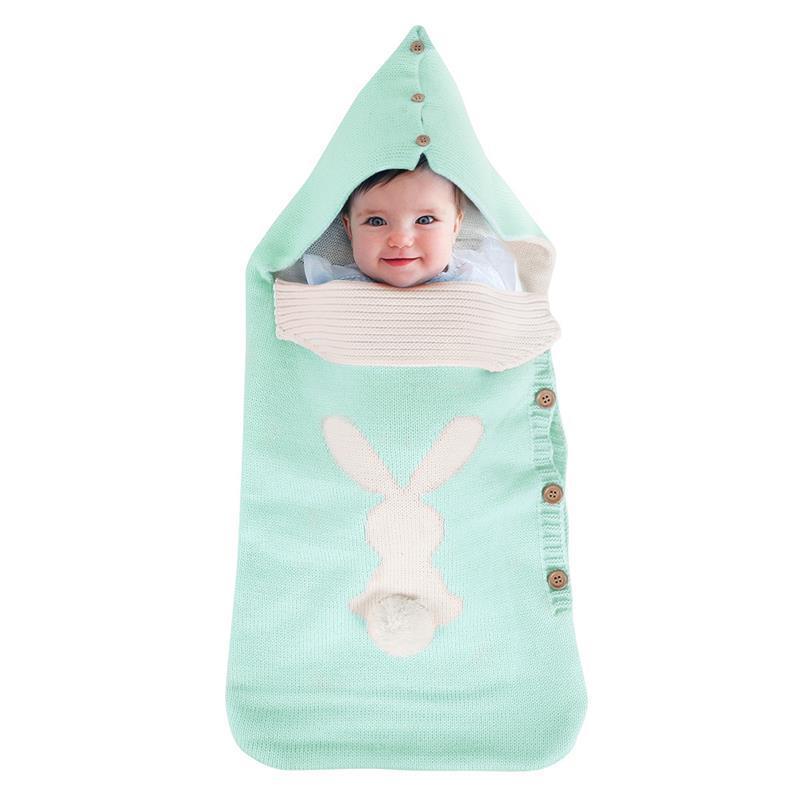 Solid Color Baby Knit Rabbit Button Sleeping Outdoor Cart Wool Pajamas
