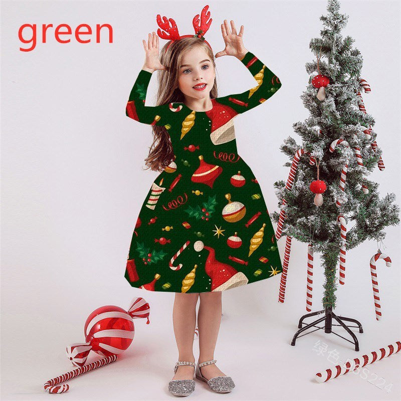 Kid Baby Girl Long Sleeve Round Neck Christmas Print Dress