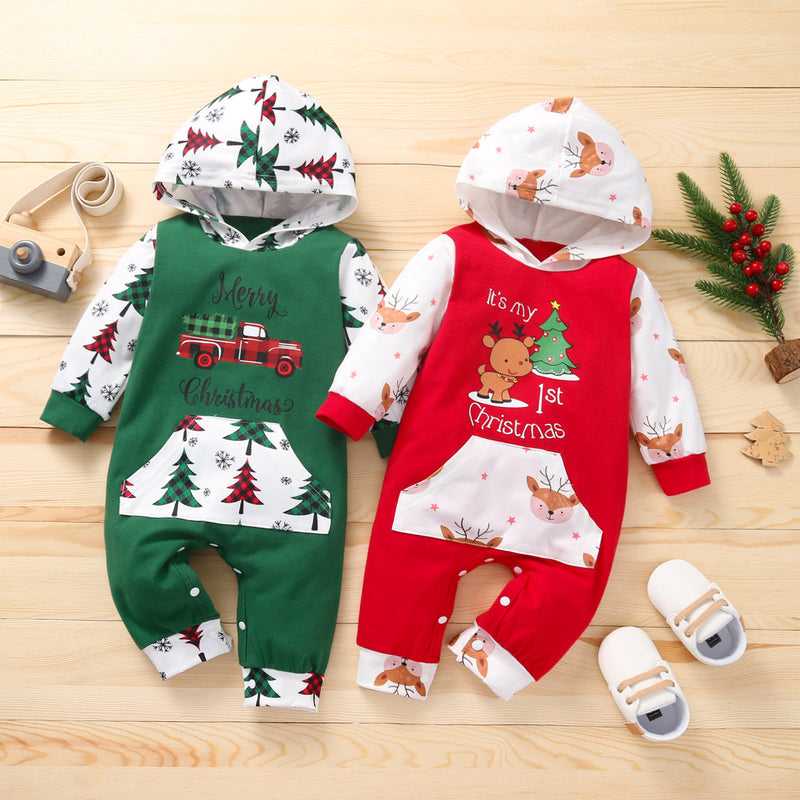 Baby Girl Christmas Hooded Long-sleeved Climbing Rompers