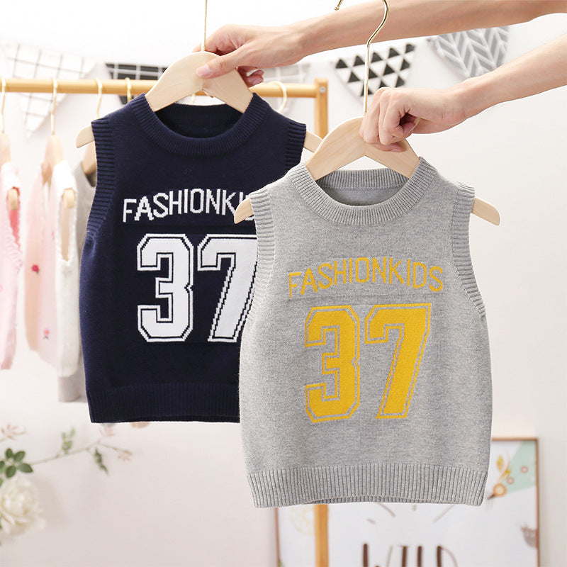 Kid Baby Boy Round Neck Jacquard Knit Waistcoat Pure Cotton Sweater Vest