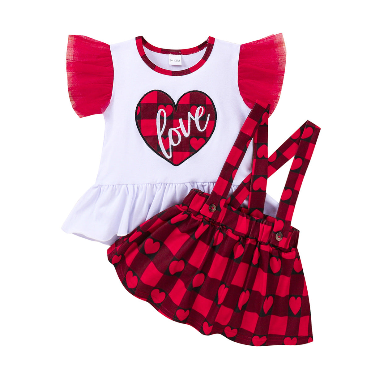 Baby Kid Girls Valentine's Day Check Suit Red Heart Short Sleeve 2 Pcs Sets