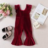 Baby Girl Jumpsuit Solid Color Wooden Ear Sleeve Suspenders Pants
