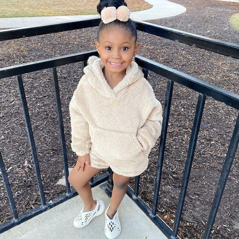 Baby Kid Boys Girls Long Sleeve Velvet Hood Spring 2 Pcs Sets