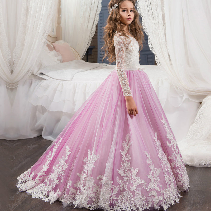 Kid Girl Lace Long Sleeves Trailing Flower Wedding Puffy Dresses