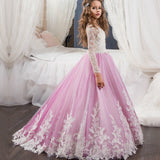 Kid Girl Lace Long Sleeves Trailing Flower Wedding Puffy Dresses
