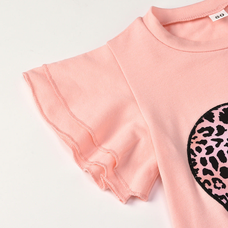 Girl Suit Love Valentine's Day Short Sleeve Leopard Print 2 Pcs Sets