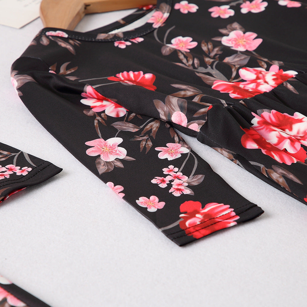 Family Matching Mother Daughter Long Sleeve Flower Print Dresses