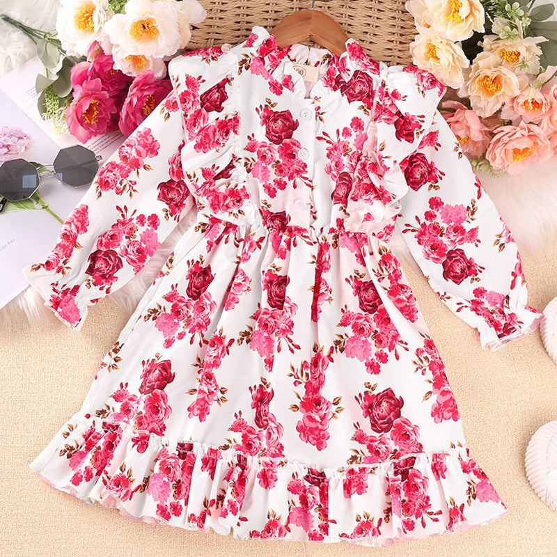 Kid Baby Girls Autumn Vintage Flower Long Sleeve Dresses