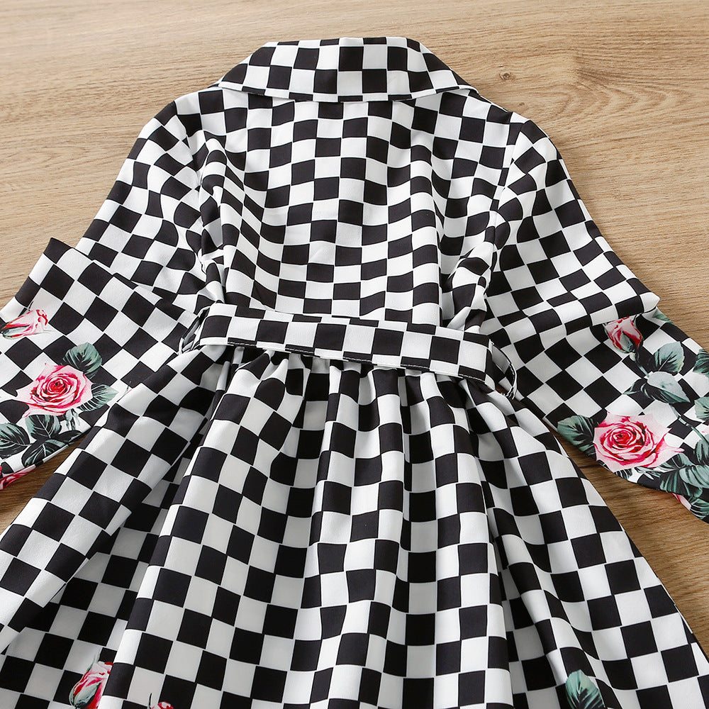 Toddler Kid Baby Girl Checkered Floral Print Princess Spring Autumn Dress