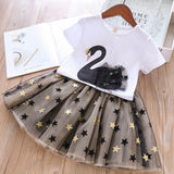 Kid Girl Korean Cotton Cartoon Swan Style Summer Suit 2 Pcs Set