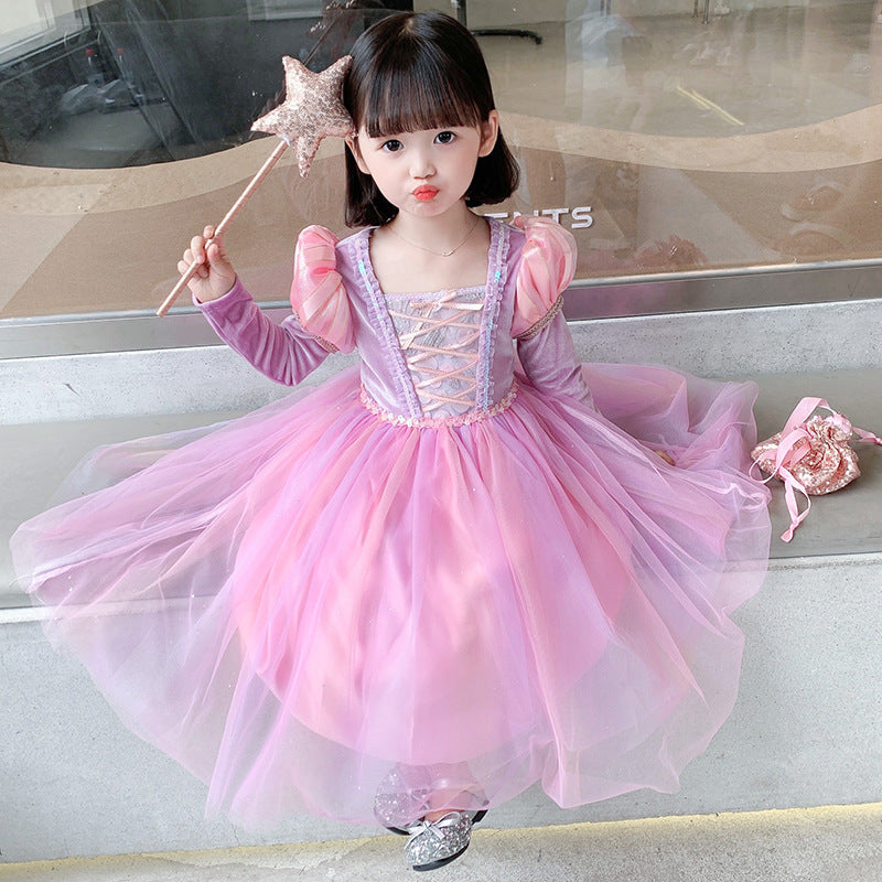 Kid Girl Frozen Pink Long-sleeved Princess Halloween Cartoon Dress