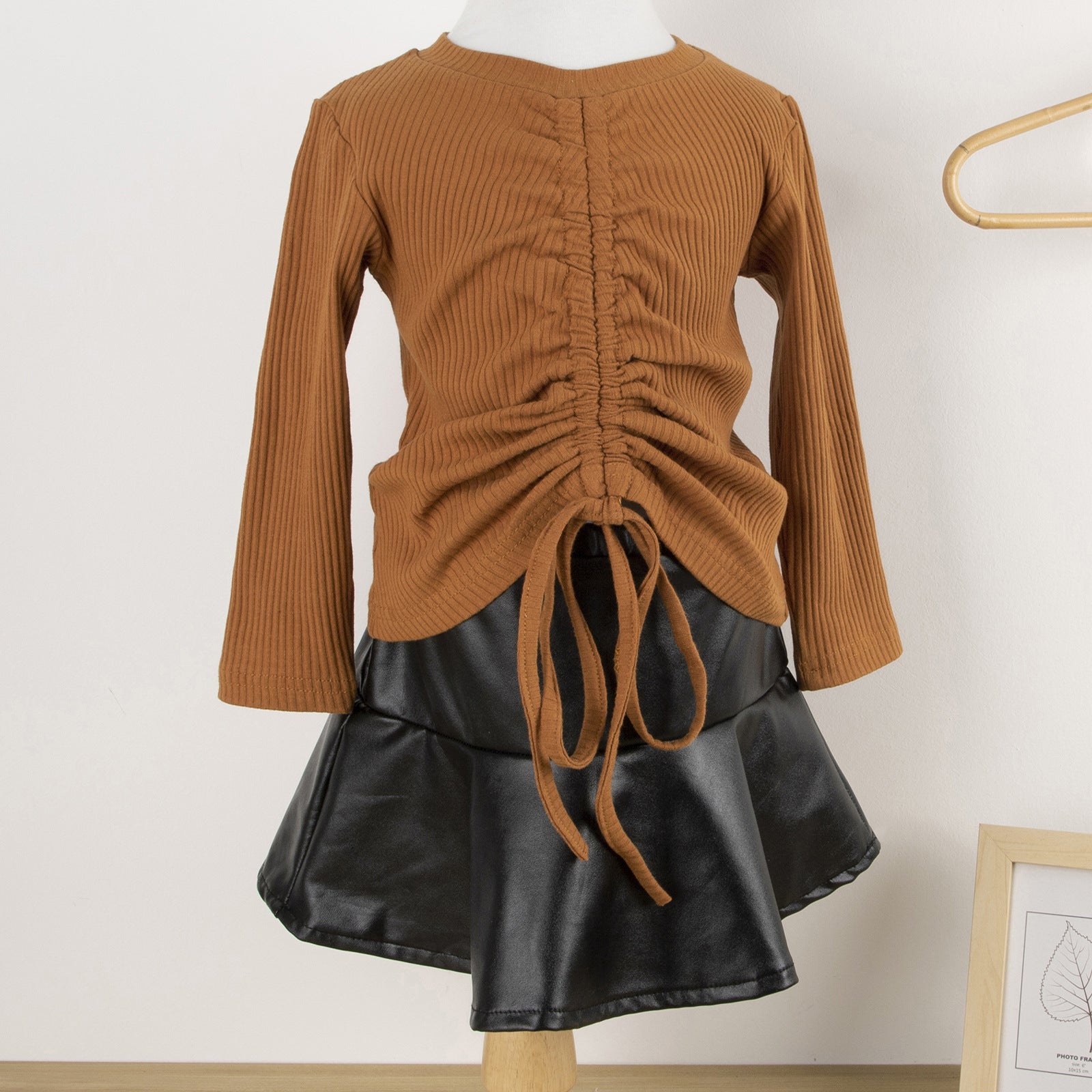 Kid Baby Girl Suit Long Sleeve Pit Stretch PU Leather 2 Pcs Sets