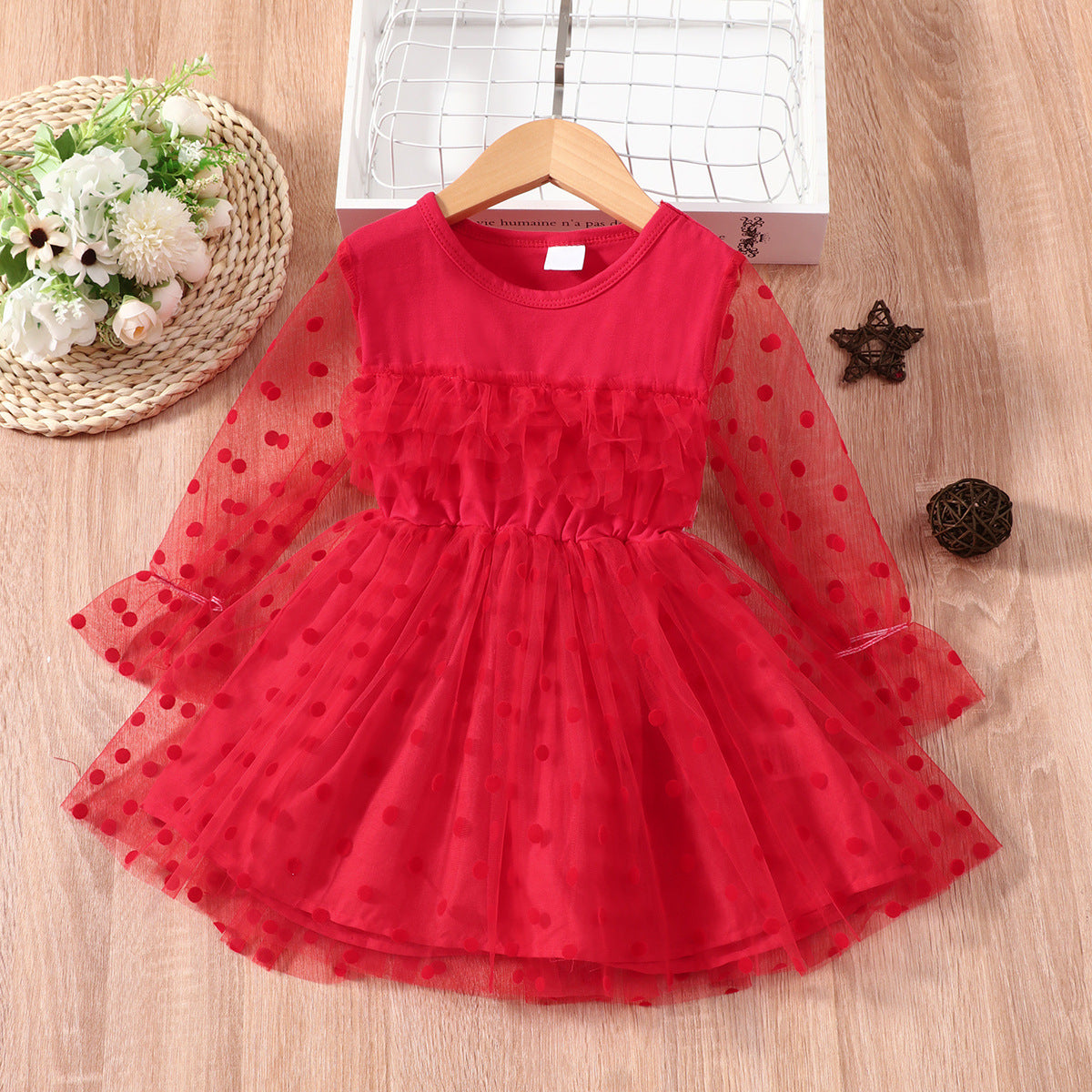 Kid Girl Long Sleeve Polka Dot Lace Princess Gauze Dress