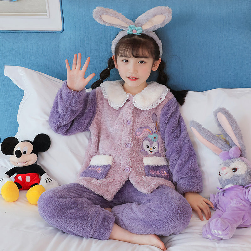 Kid Girl Pajamas Lapel Plush Autumn Winter Thickened Coral Fleece Cartoon Pajamas