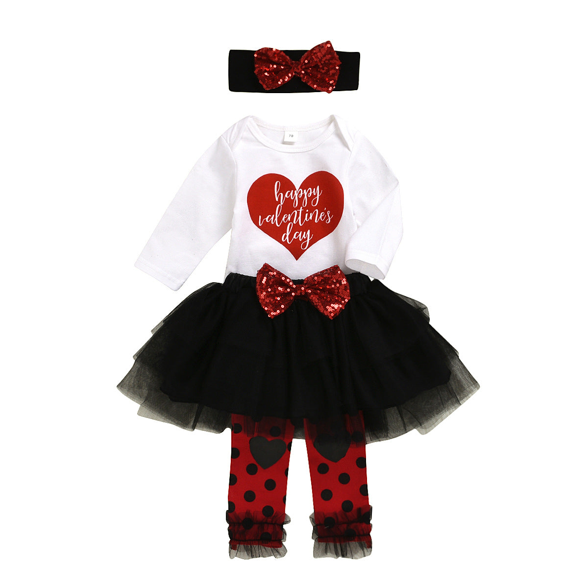 Baby Girl Valentine's Day Party Dress Black Long Sleeve 4 Pcs Sets