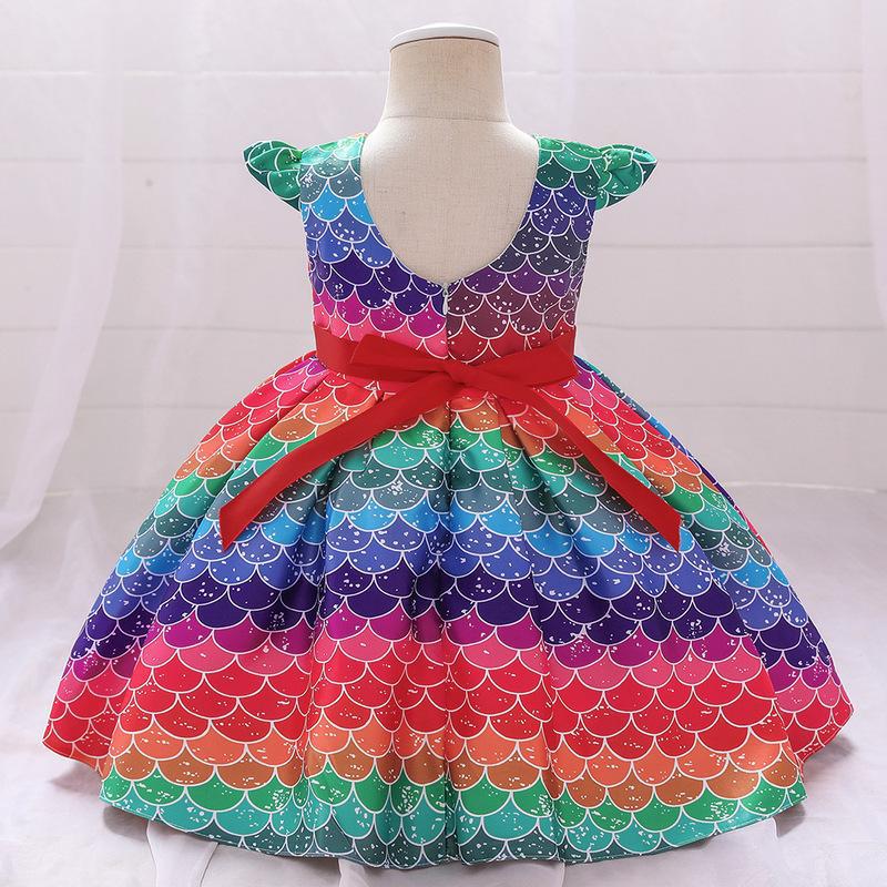 Kid Baby Girl Princess Rainbow Bow Small Flying Sleeve Piano Performance Dress