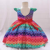 Kid Baby Girl Princess Rainbow Bow Small Flying Sleeve Piano Performance Dress