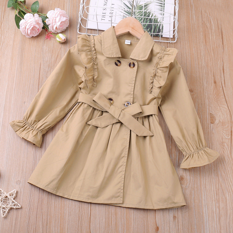 Spring Autumn New Girls Double Breasted Lace Solid Color Coat Outwear