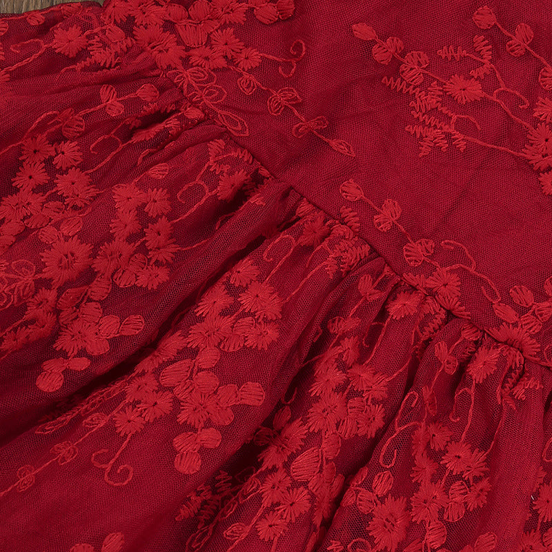 Kid Baby Girl Summer Western Bow Flying Sleeve Embroidery Gauze Flower Dresses