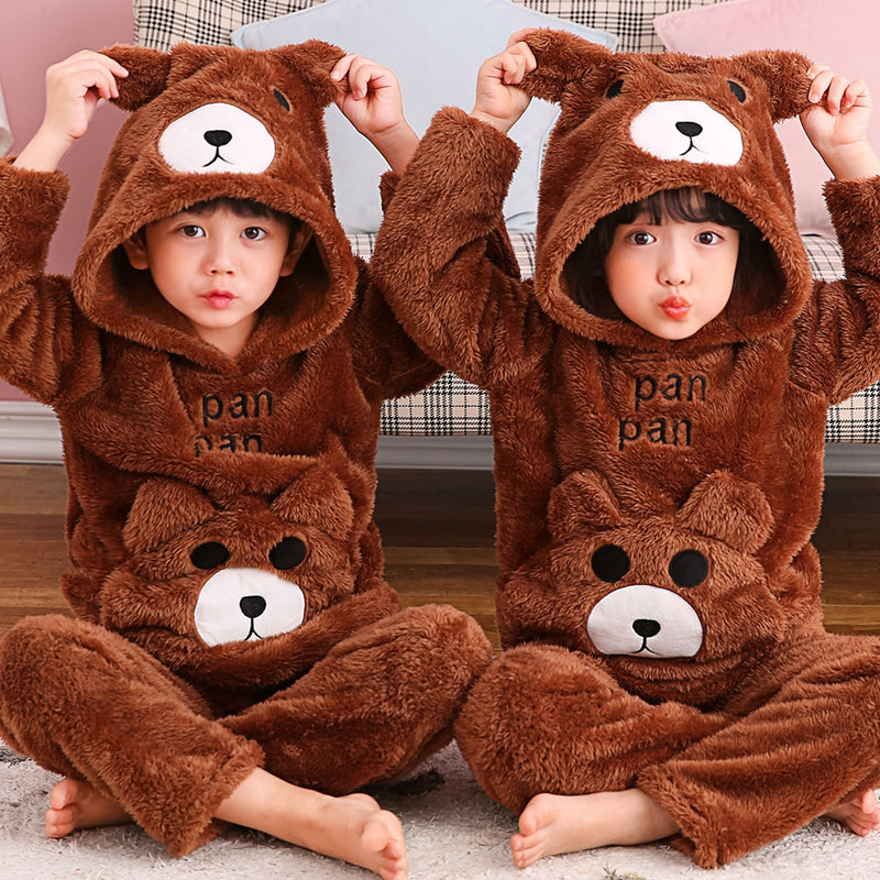 Kid Baby Boy Girl Plush Pajamas Cartoon Hooded Thickened Coral Pajamas