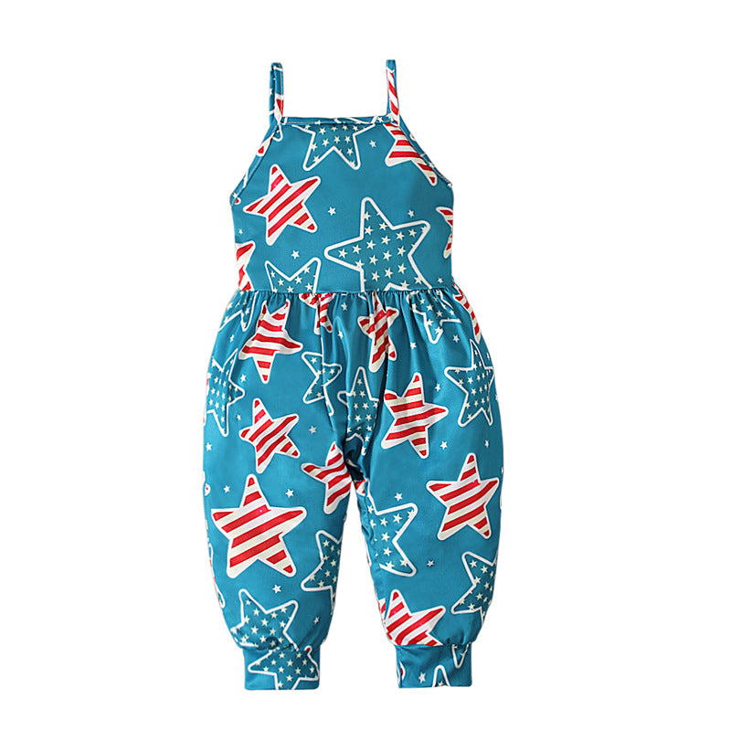 Kid Baby Girl Onesie Crawl Suit  American Flag Halter Pants Trousers