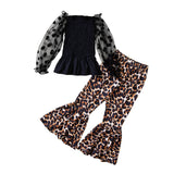 Kids Baby Girls Dot Long Lantern Sleeve Pleated Leopard Set 2 Pcs