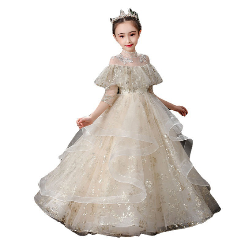 Kid Girl Catwalk Princess Flower Puffy Host Piano Dresses