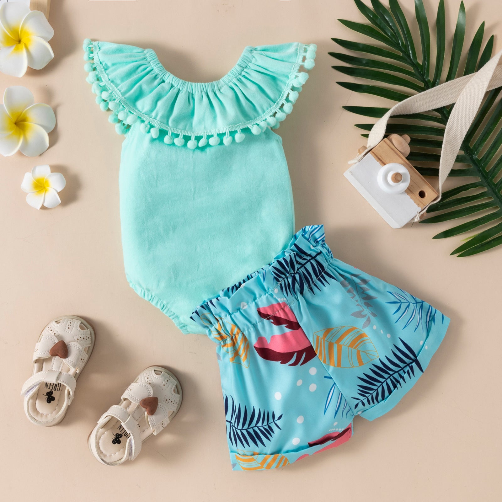 Baby Girls Summer Sleeveless Leaf Printed Shorts 2 Pcs Sets