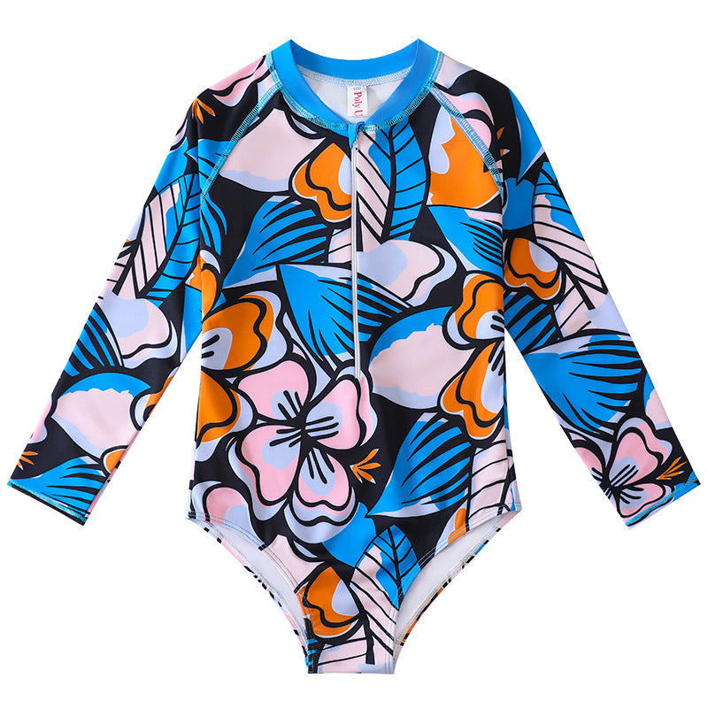 Kid Girls Middle Sunscreen Swimsuit Long-sleeved One-piece Swimwear
