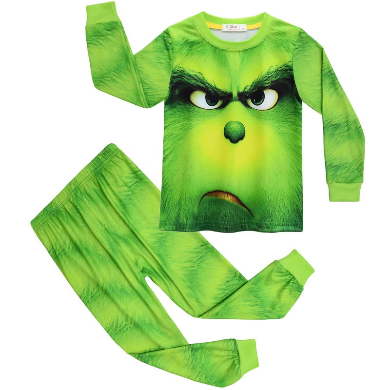 Kid Boy Christmas Green Fur Monster Long Sleeve Sets Pajamas