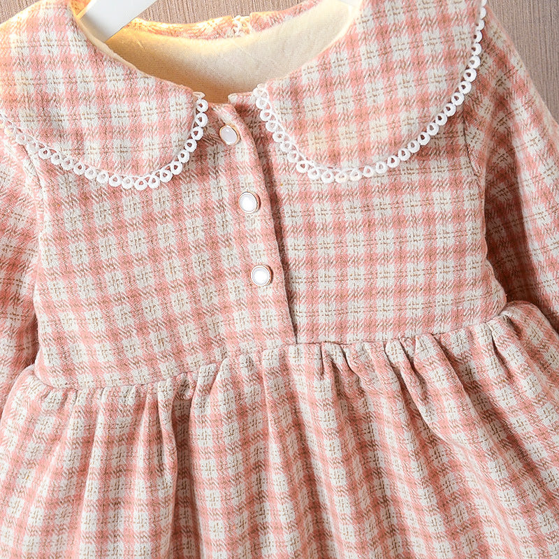 Autumn Winter Kid Baby Girls Plus Velvet Plaid 3 Pcs Sets