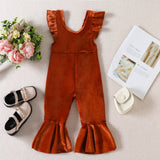 Baby Girl Jumpsuit Solid Color Wooden Ear Sleeve Suspenders Pants