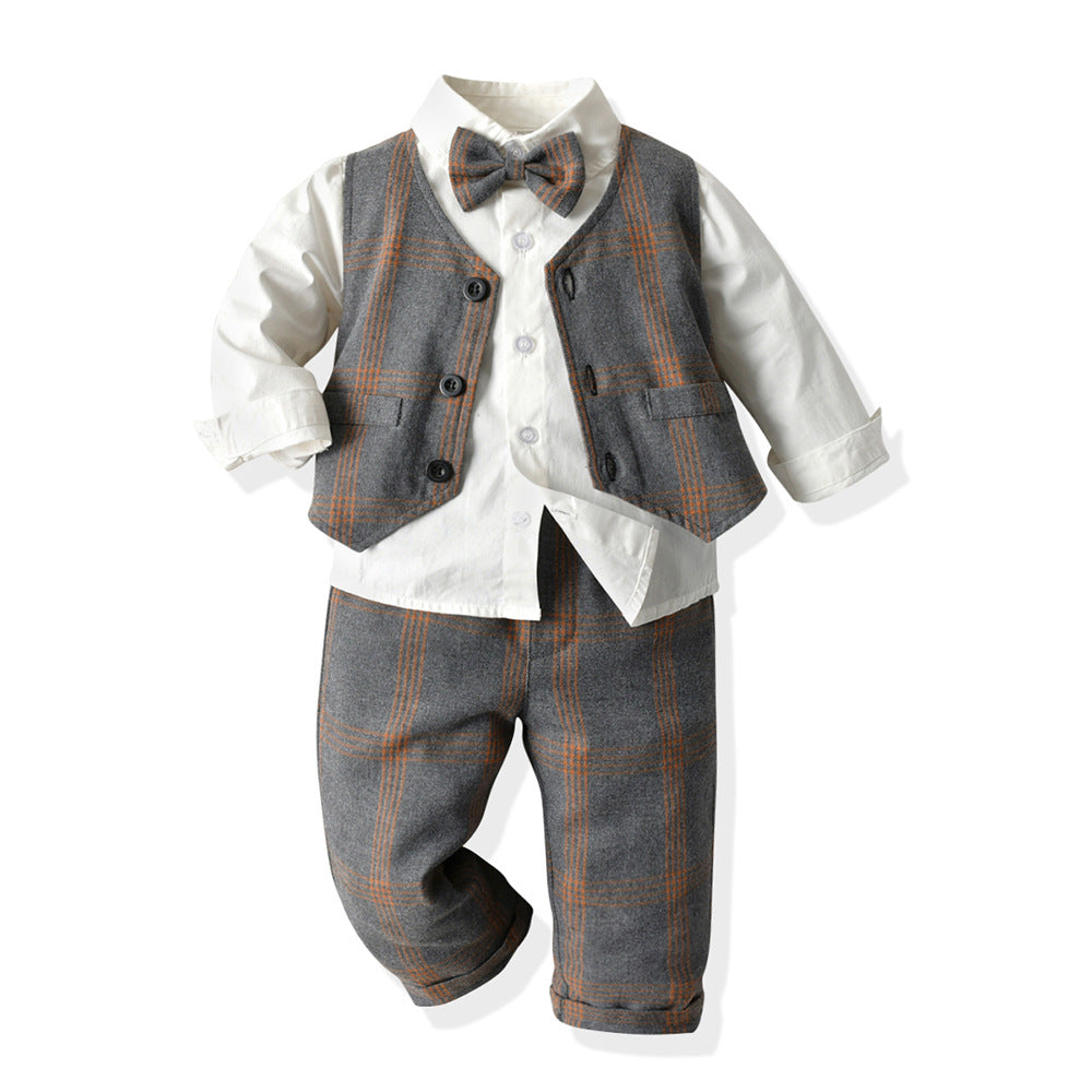 Kid Baby Boys Suit Check Gentleman Autumn Spring 3 Pcs Sets